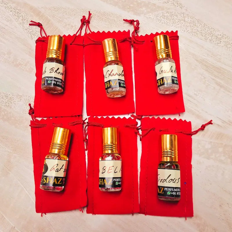 Indian Attar Set - Bela, Gulab, Kala Bhoot, Fridous, Ratrani & Chandan